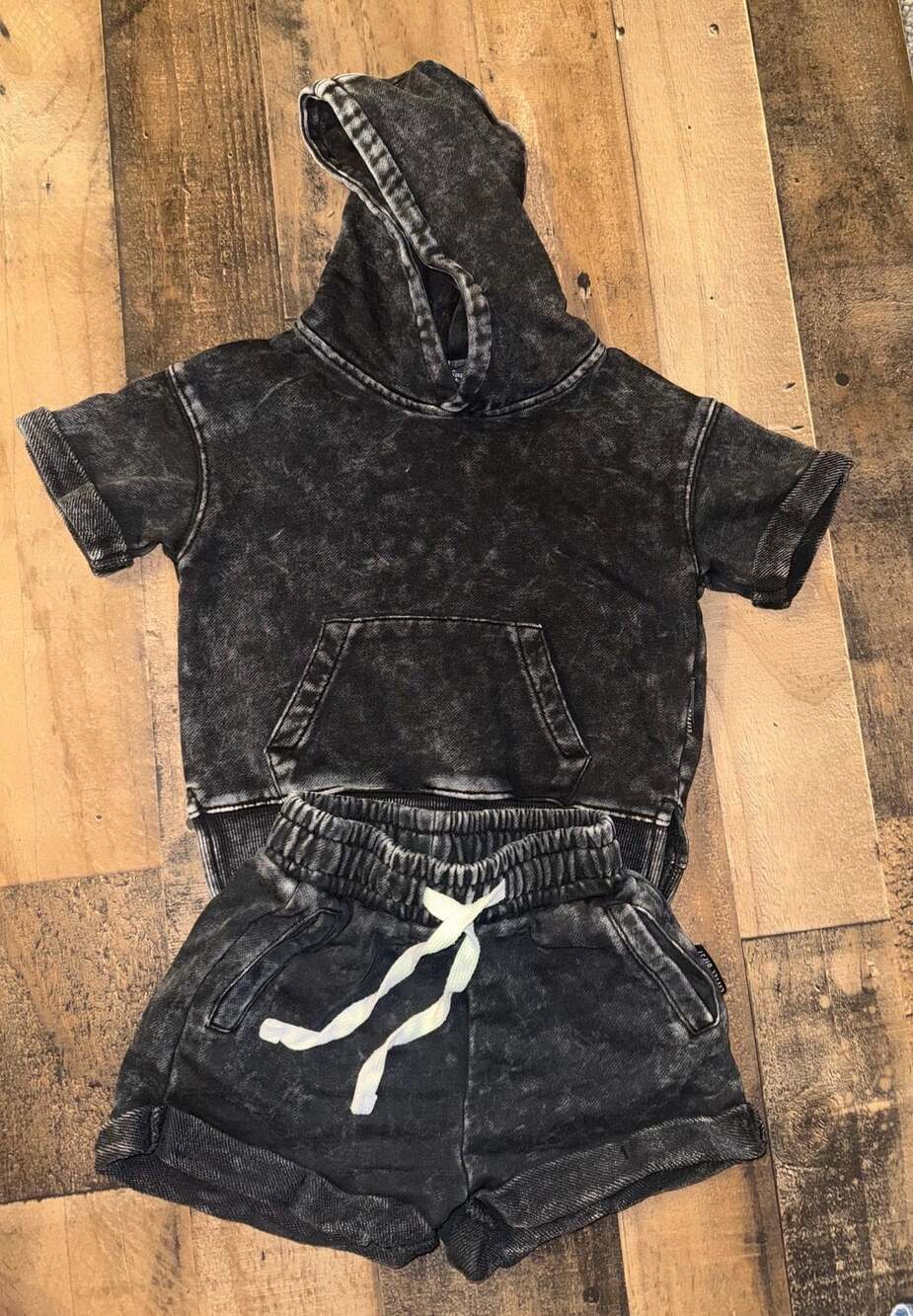 Size 18-24m Little bipsy Black Acid Wash Short Sleeve Hoodie and Shorts